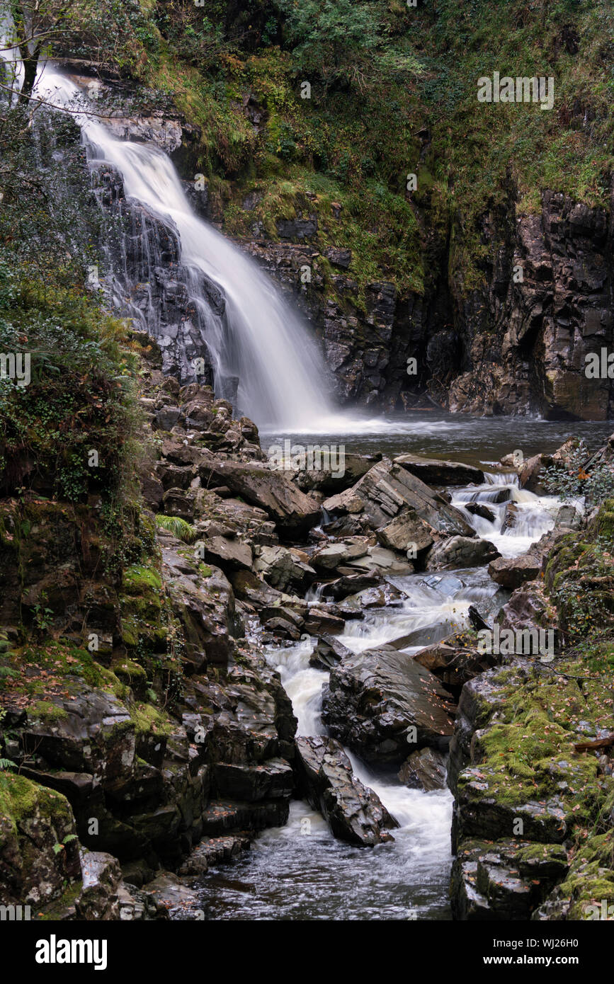Rhaeadr Mawddach waterfall on the river Gain (Afon Gain) in the Coed-y-Brenin Forest Park. Stock Photo