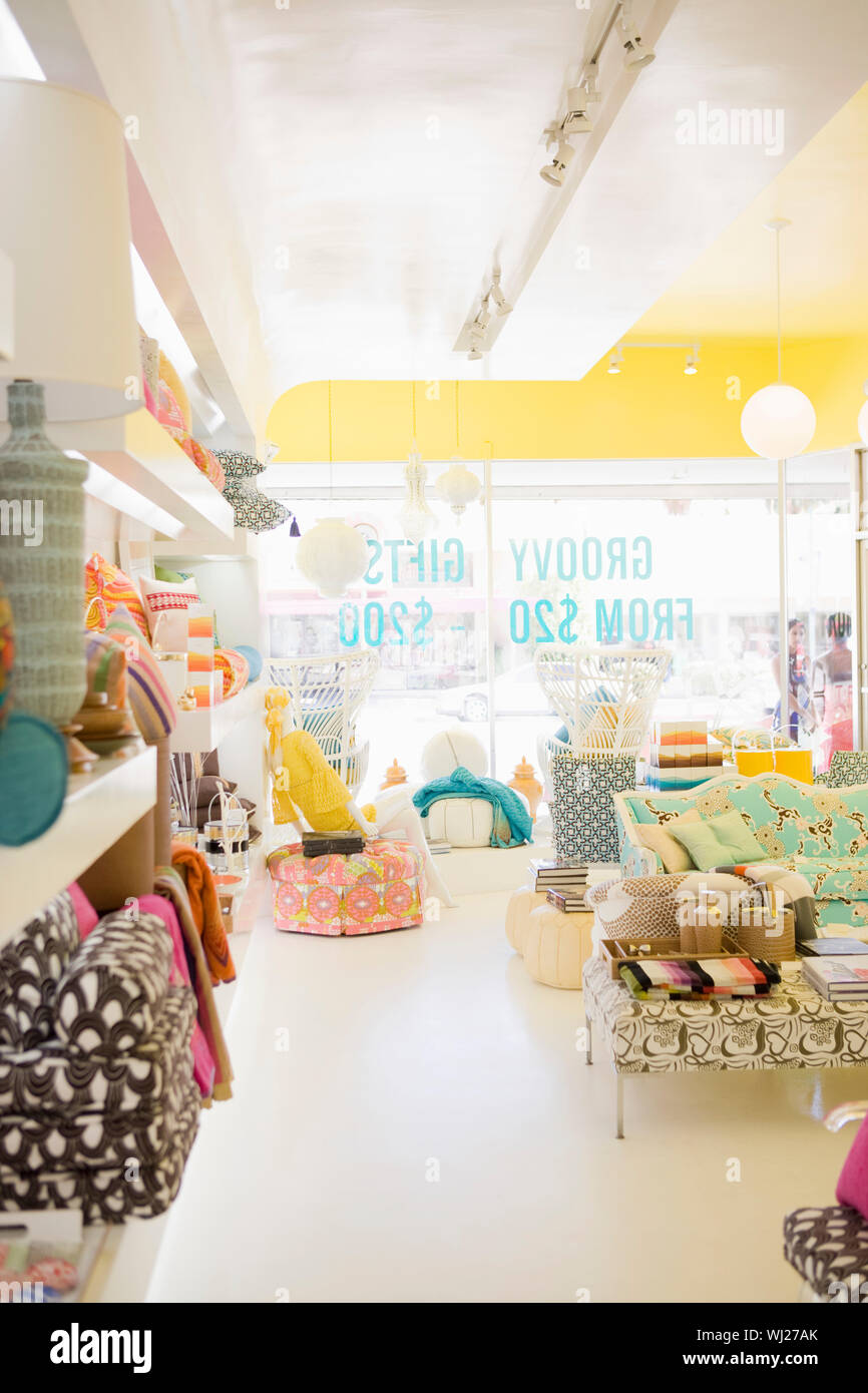 An interior of home decor store displaying elegant furniture and ...