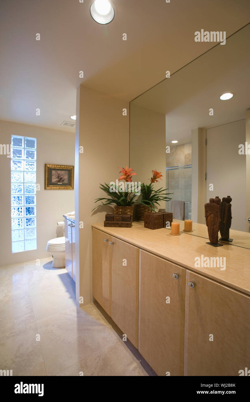 Cupboard storage and large mirror with glass bricks in bathroom Stock ...