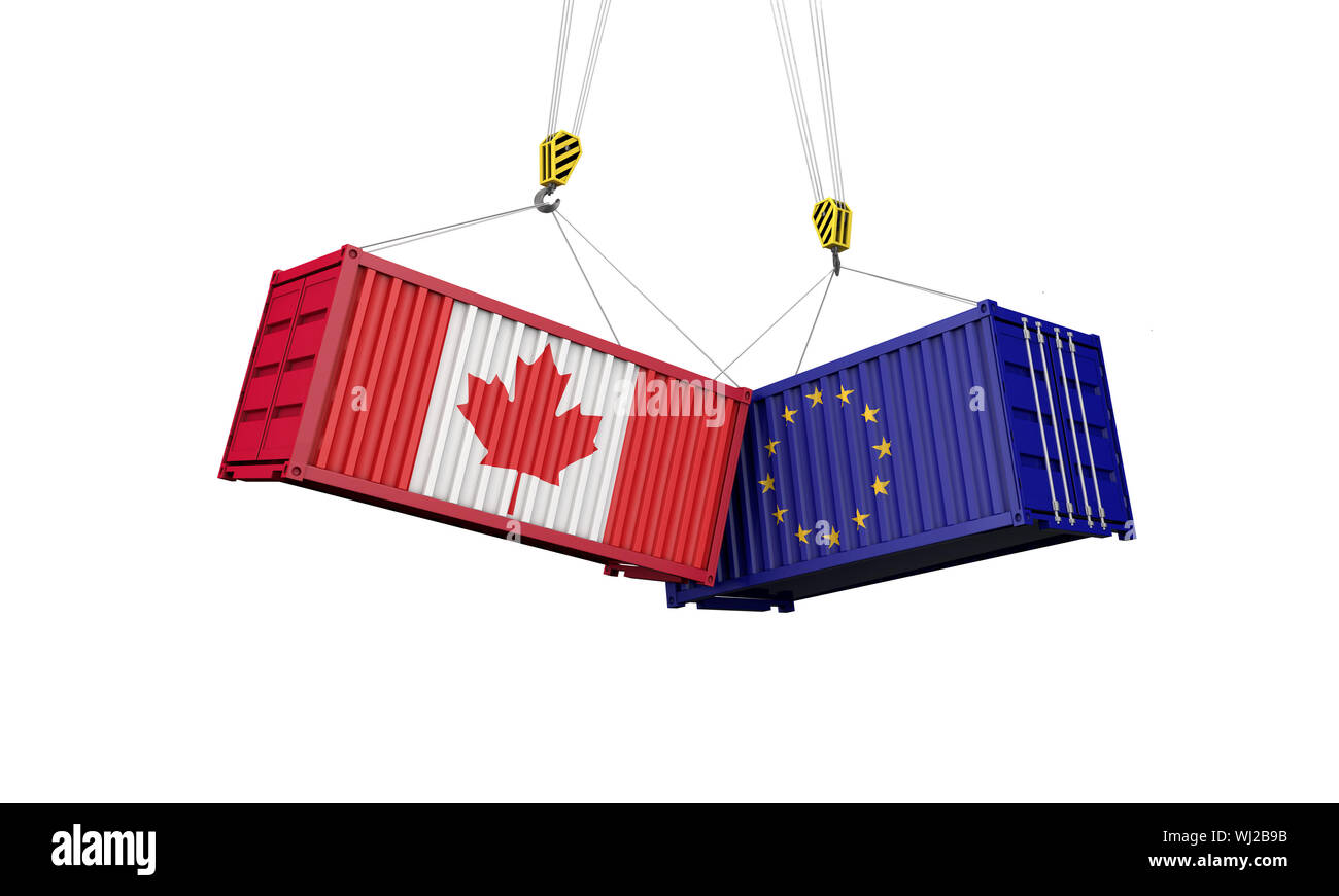 Canada and europe trade war concept. Clashing cargo containers. 3D Render Stock Photo