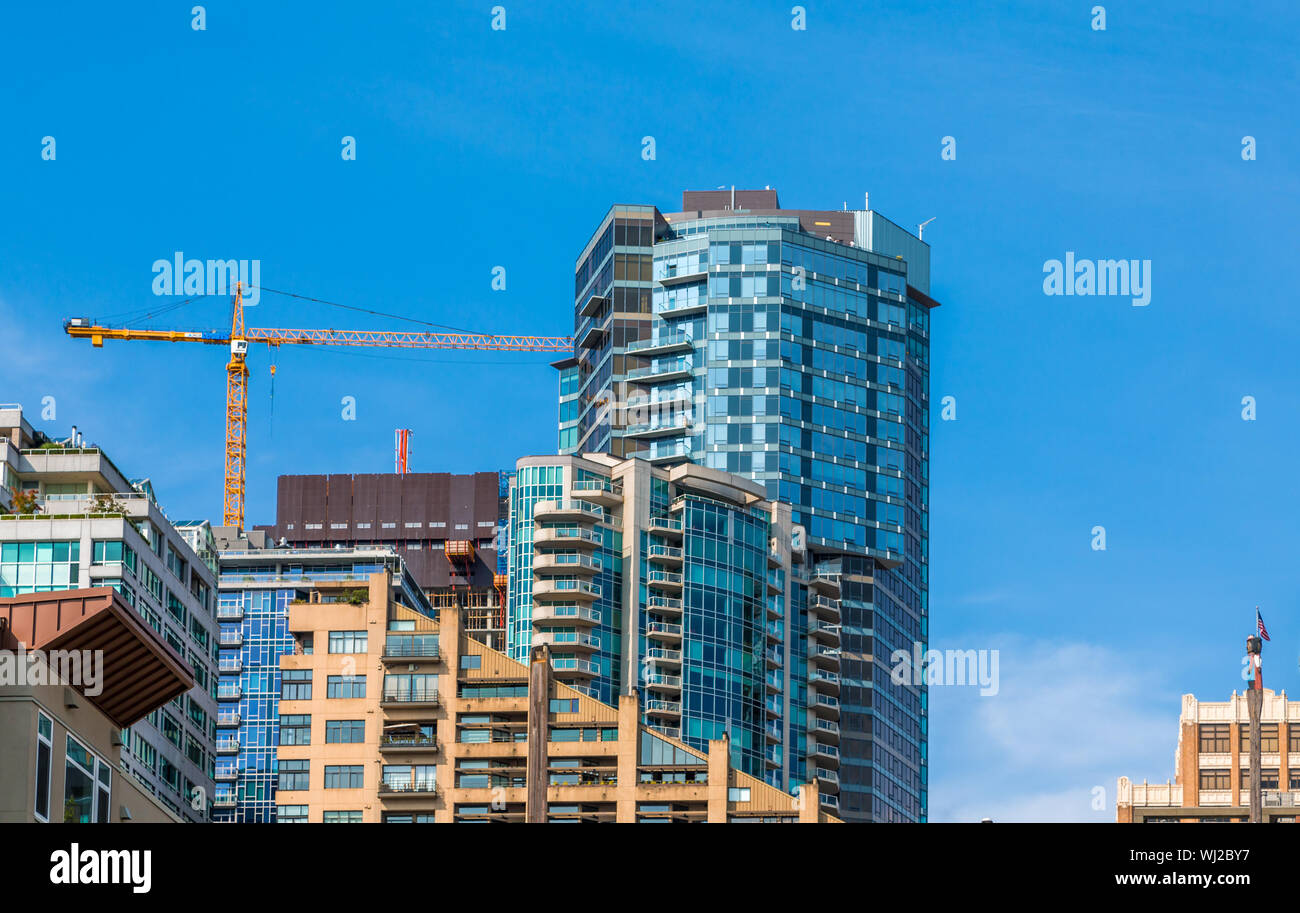 New Blue Tower Construction in Seattle Washington Stock Photo