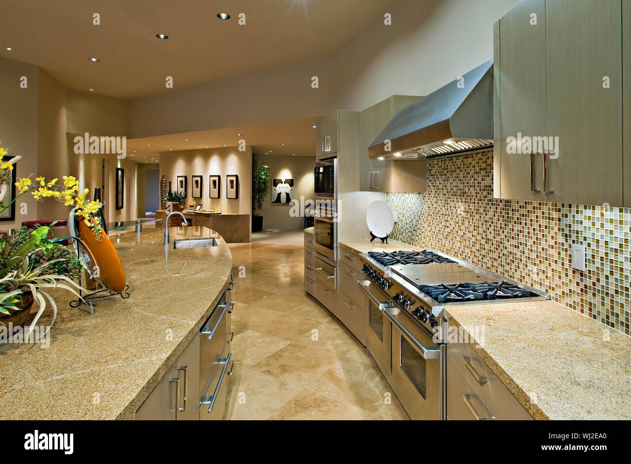 Open plan kitchen with living room in modern house Stock Photo - Alamy