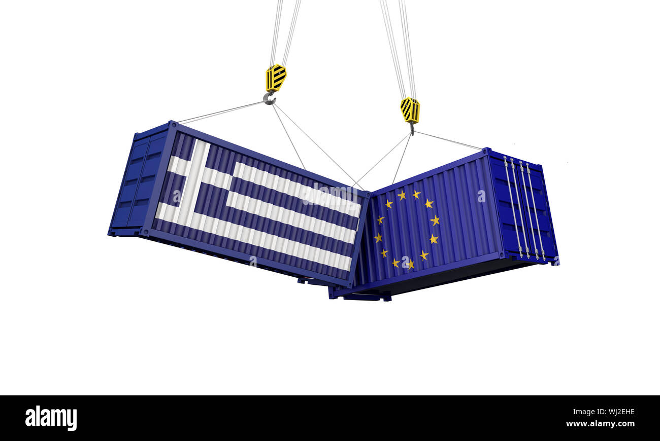 Greece and europe trade war concept. Clashing cargo containers. 3D Render Stock Photo