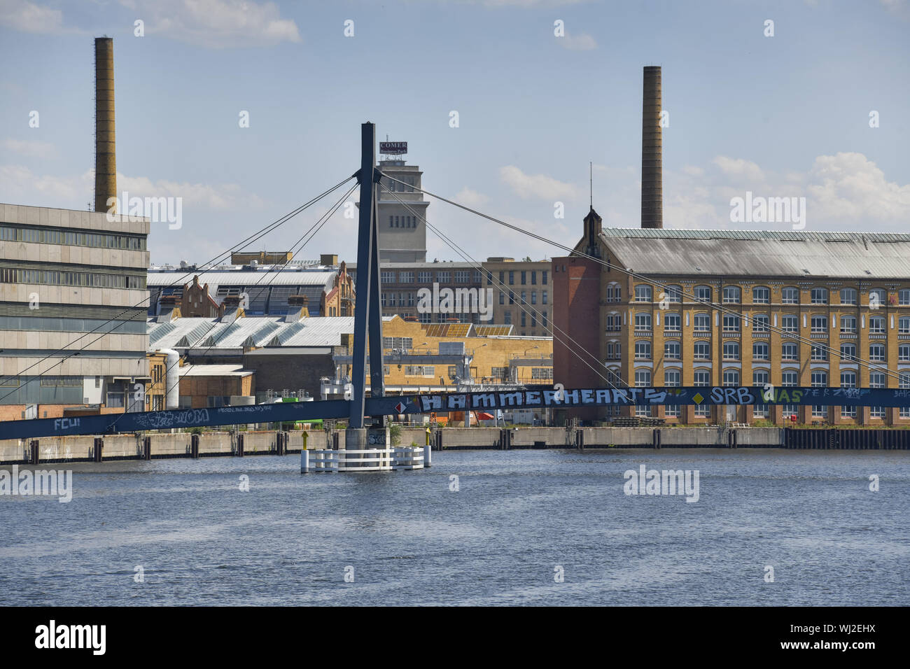 View, Outside, Outside, outside view, outside view, Berlin, Germany, river, river, hall, cable works Oberspree, KWO, warehouse, upper nice pasture, up Stock Photo