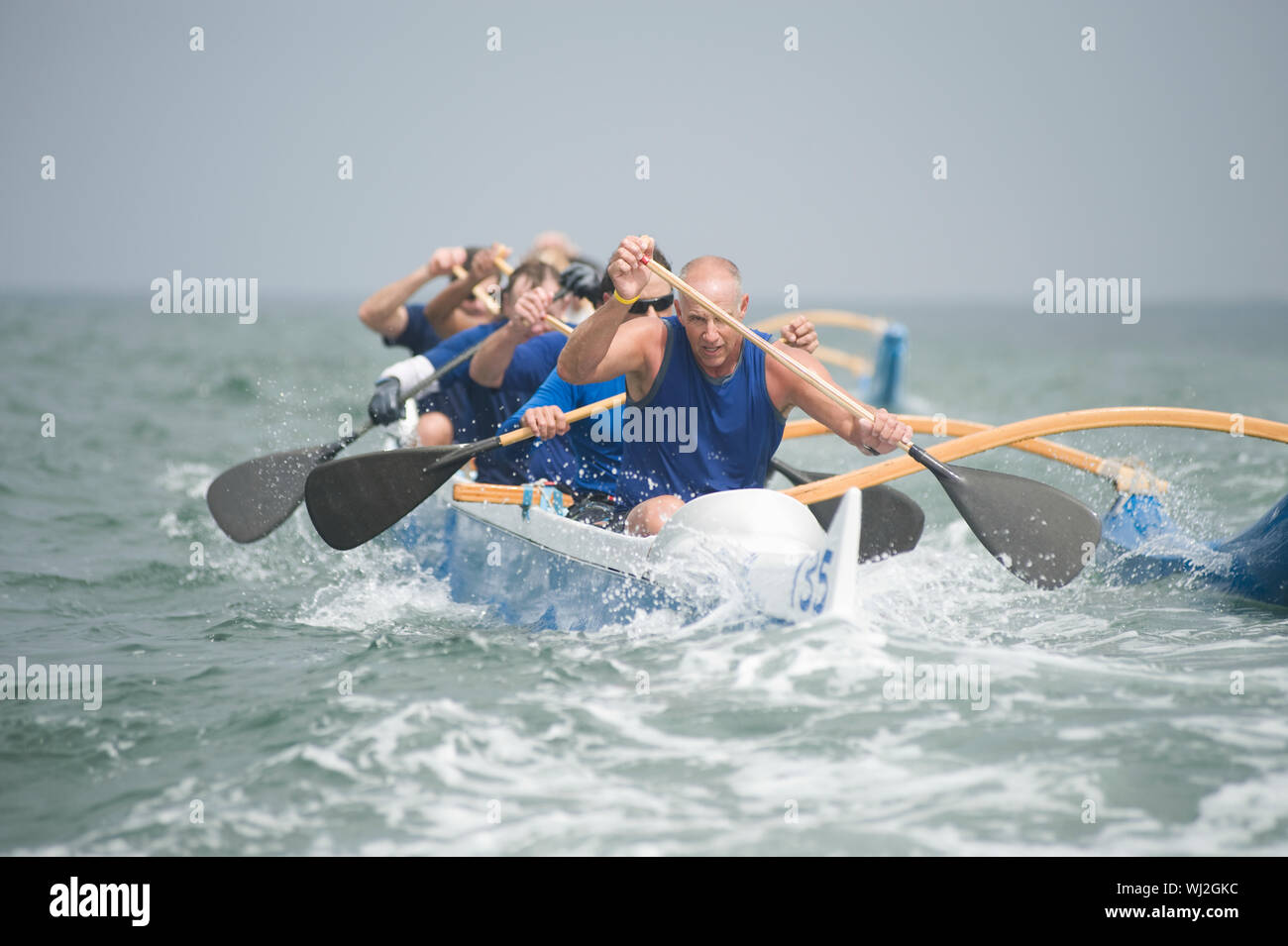 Outrigger Boat Racing Crew of a racing outrigger canoe on water Stock Photo - Alamy