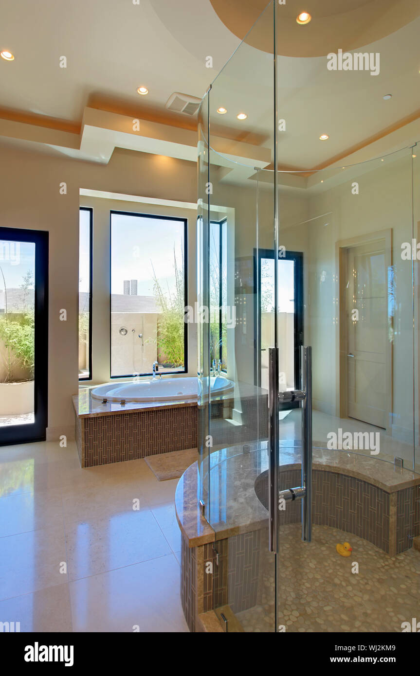 Contemporary bathroom with bathtub and shower cubicle Stock Photo Alamy