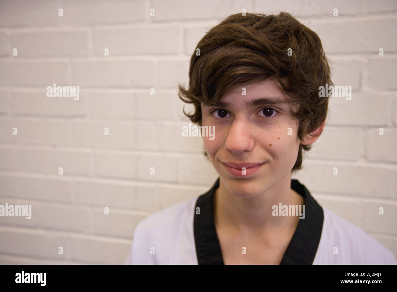 Closeup portrait of teenage boy smiling against brick wall Stock Photo ...