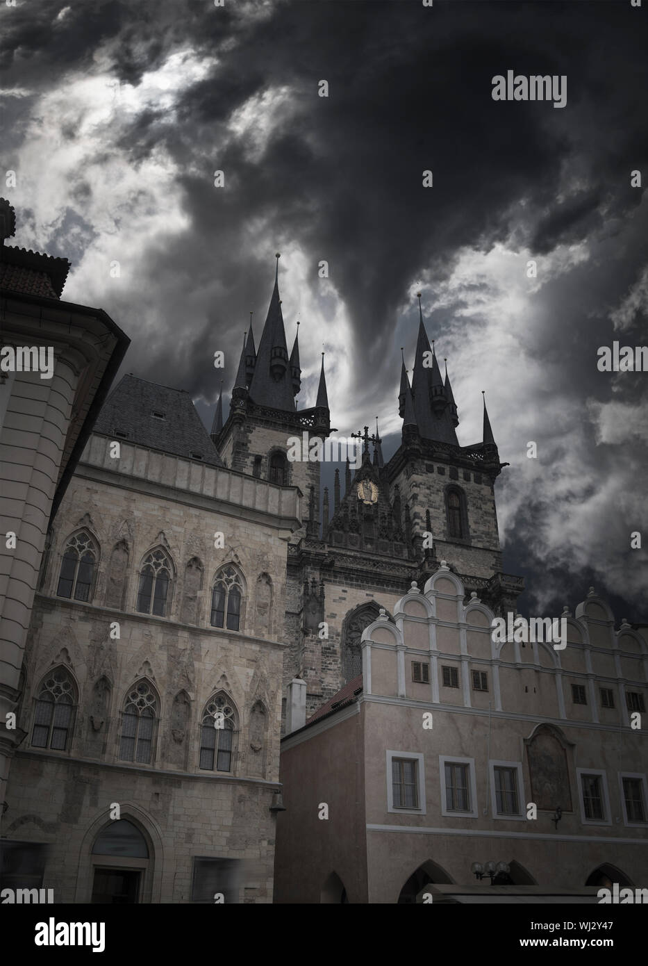 Prague Old town square, Tyn Cathedral. under sunlight. Stock Photo