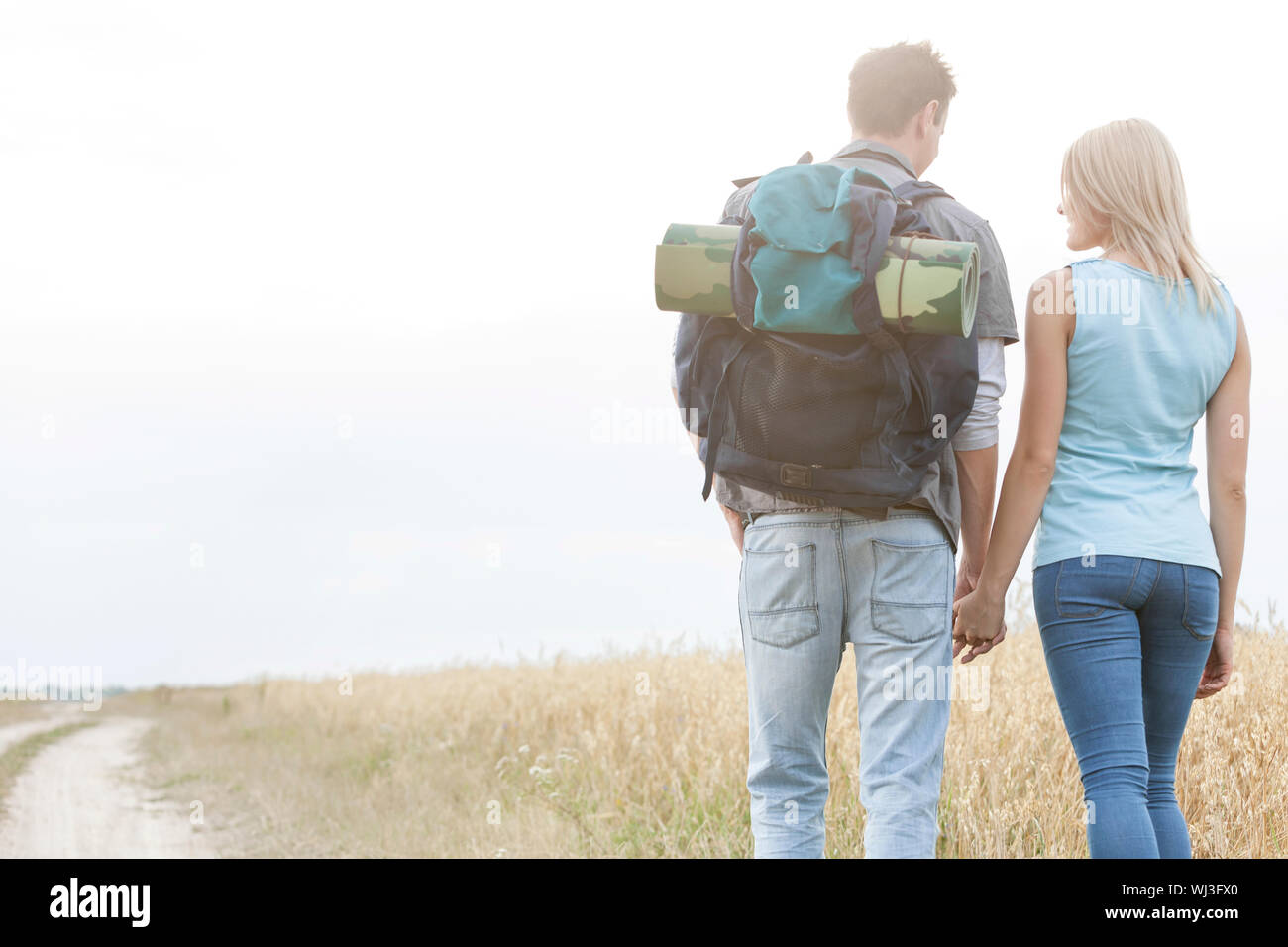 Rear view of young hiking couple holding hands while walking in ...