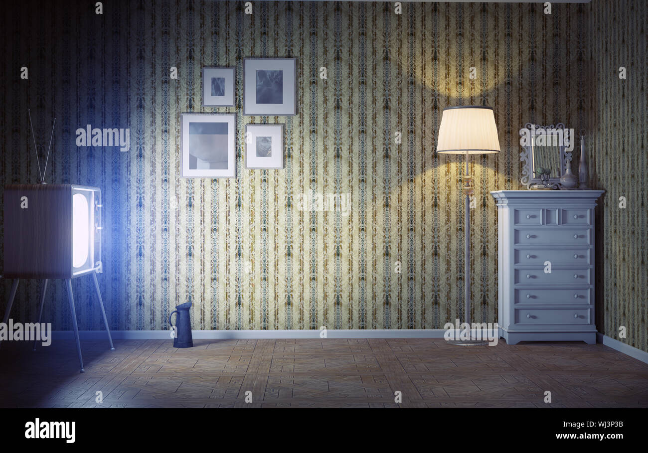 vintage interior and retro tv in the dark room Stock Photo - Alamy
