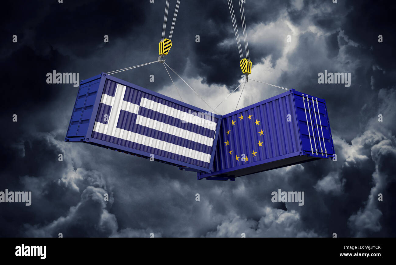 Greece and europe trade war concept. Clashing cargo containers. 3D Render Stock Photo