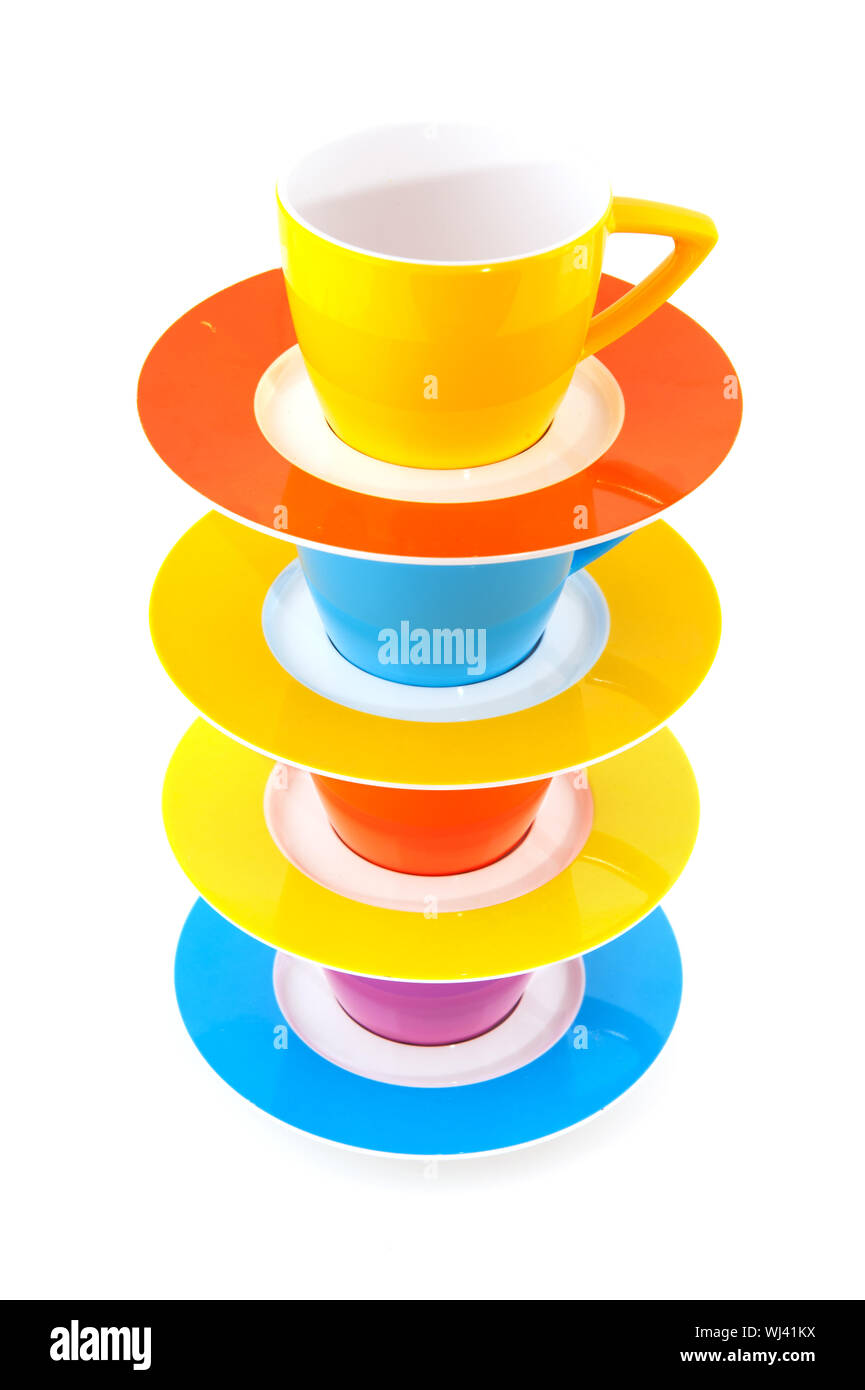 colorful cups and saucers isolated over white Stock Photo - Alamy