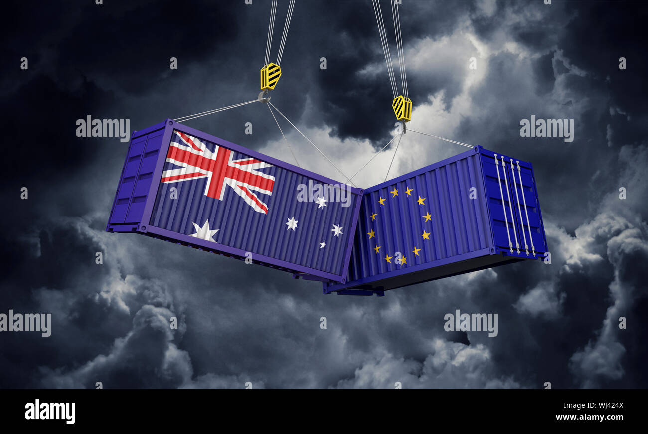 Australia and europe trade war concept. Clashing cargo containers. 3D Render Stock Photo