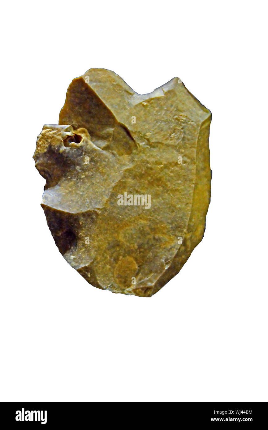 Mousterian flint scraper and cutter, with razor sharp cutting edge, made by Neanderthal man by knapping in the Middle Stone Age Stock Photo