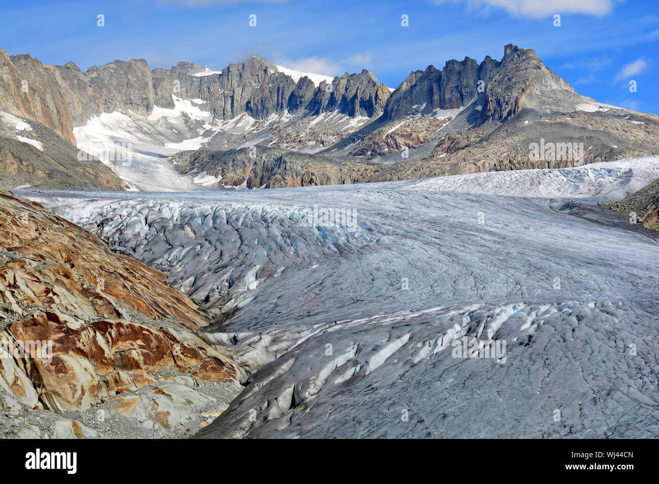 The Rhone Glacier which marks the source of the River Rhone in the Swiss Alps. With the sheet protection over the ice to reduce melting Stock Photo