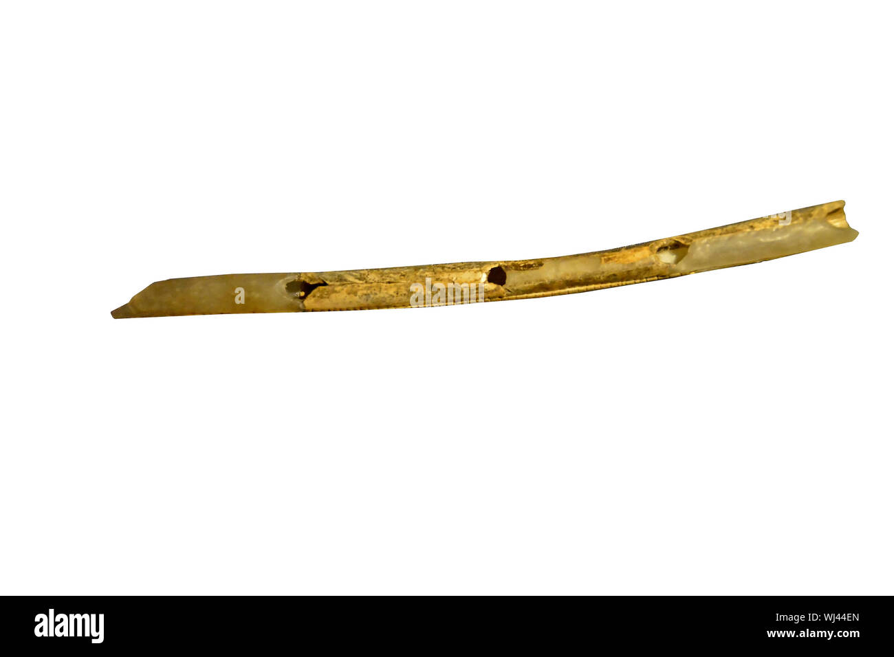 Ice Age flute carved from a vulture's wing bone, dated to about 35,000 years ago with carefully made finger holes. Isolated against a white background Stock Photo