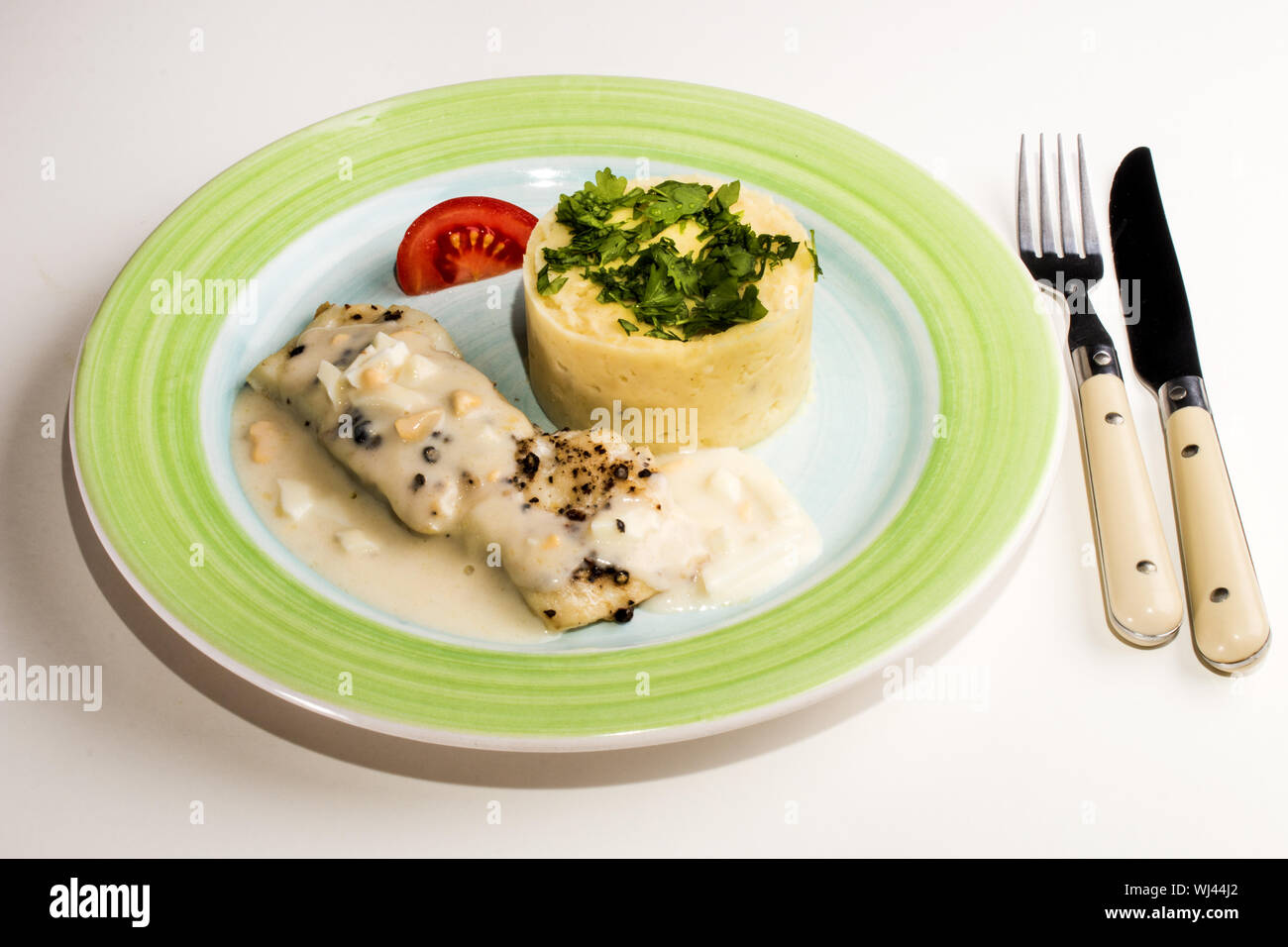 traditional scottish dish, baked cod and egg with mashed potato Stock Photo