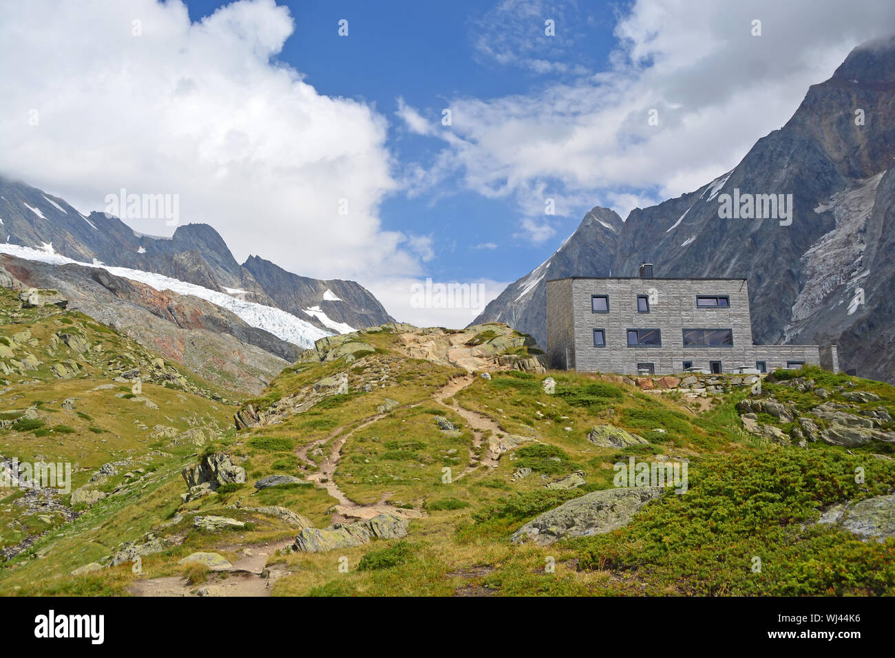 The modern Annenhutte mountain refuge at the head of the Lotschtal in the Swiss Bernese Alps. Stock Photo
