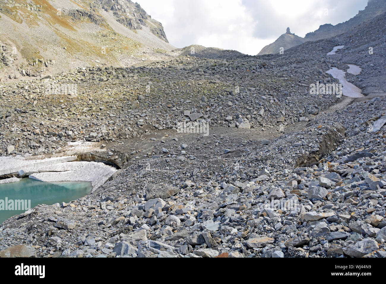 The Chriegalp Pass on the border between Switzerland and Italy with a glacial lake and small icebergs breaking away from the melting glacier as the cl Stock Photo