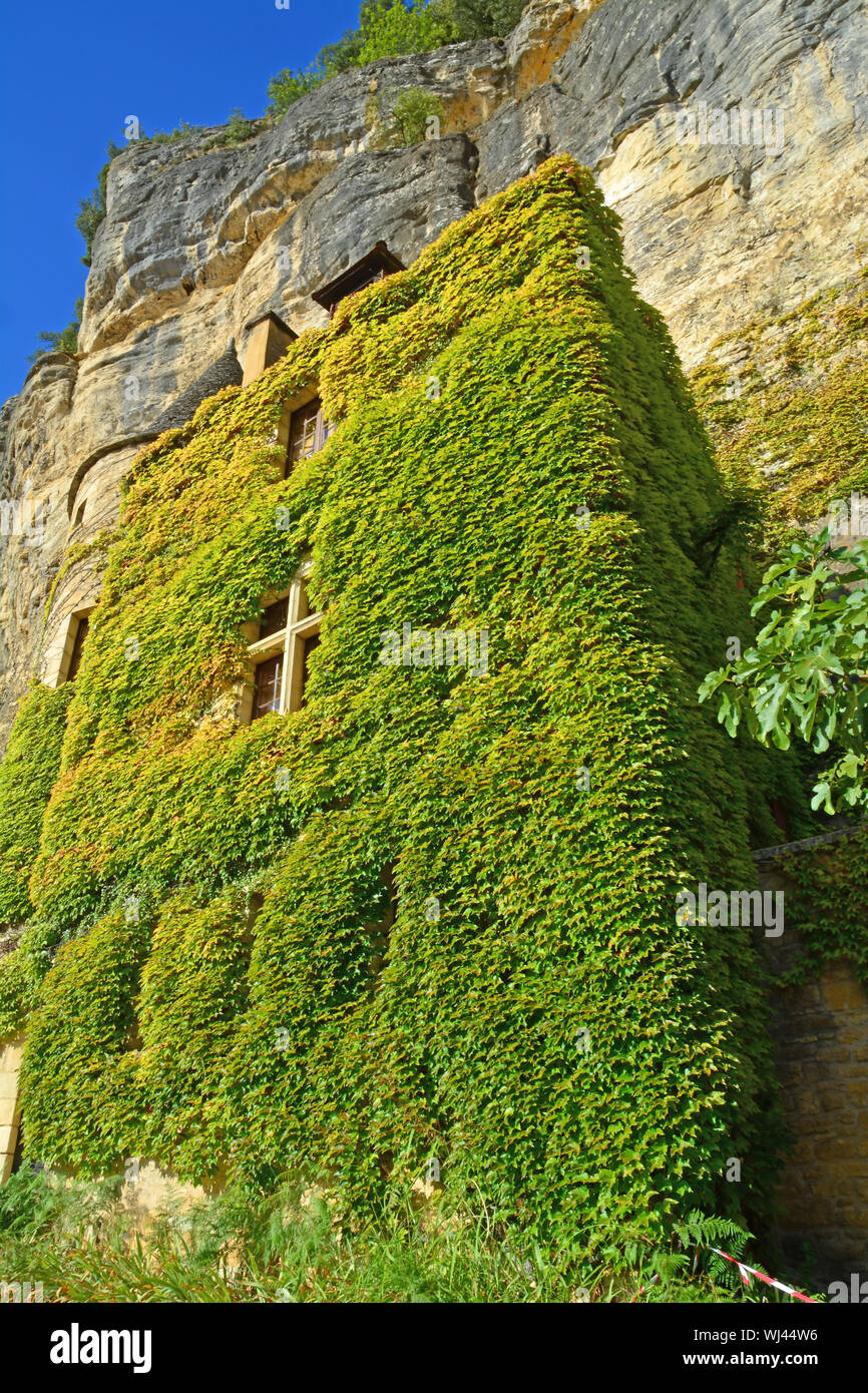 An ivy covered old house with turret below a cliff at Roque-Gageac in France Stock Photo