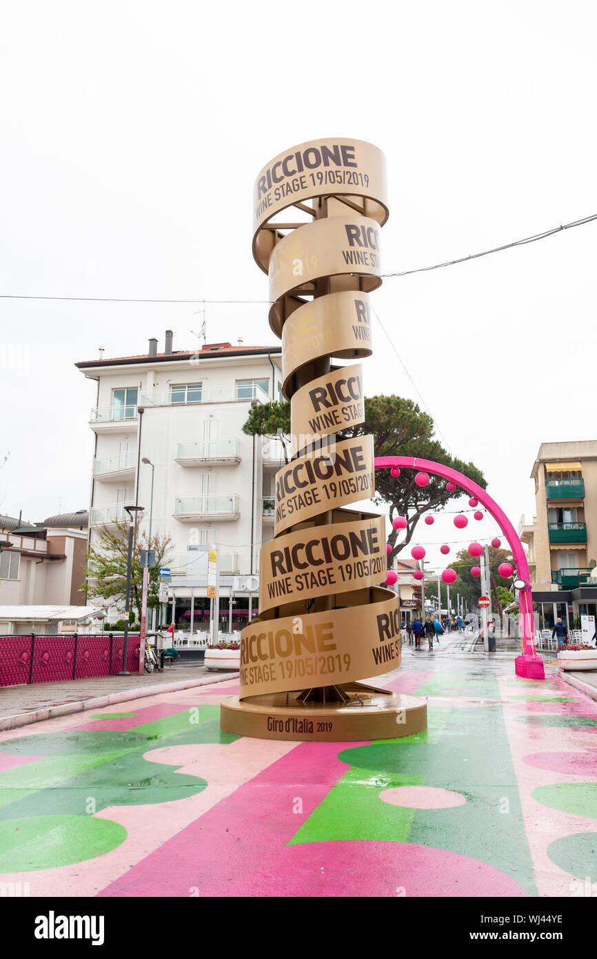 Large replica of the Giro d'Italia trophy in the town centre of Riccione before stage 9, 2019 Stock Photo