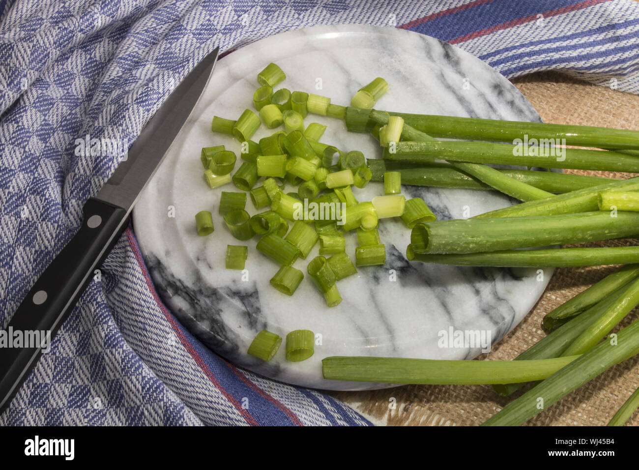 small cut and wet and tasty spring onions on marble Stock Photo