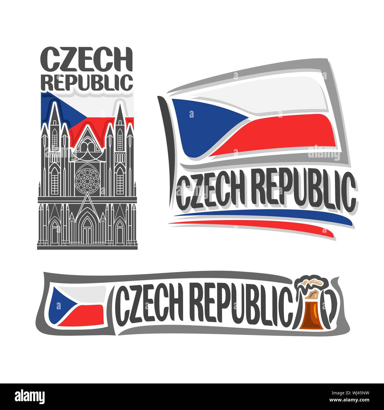 Vector logo for Czech Republic, 3 isolated illustrations: St. Vitus Cathedral on background of national state flag, symbol Czech Republic architecture Stock Vector