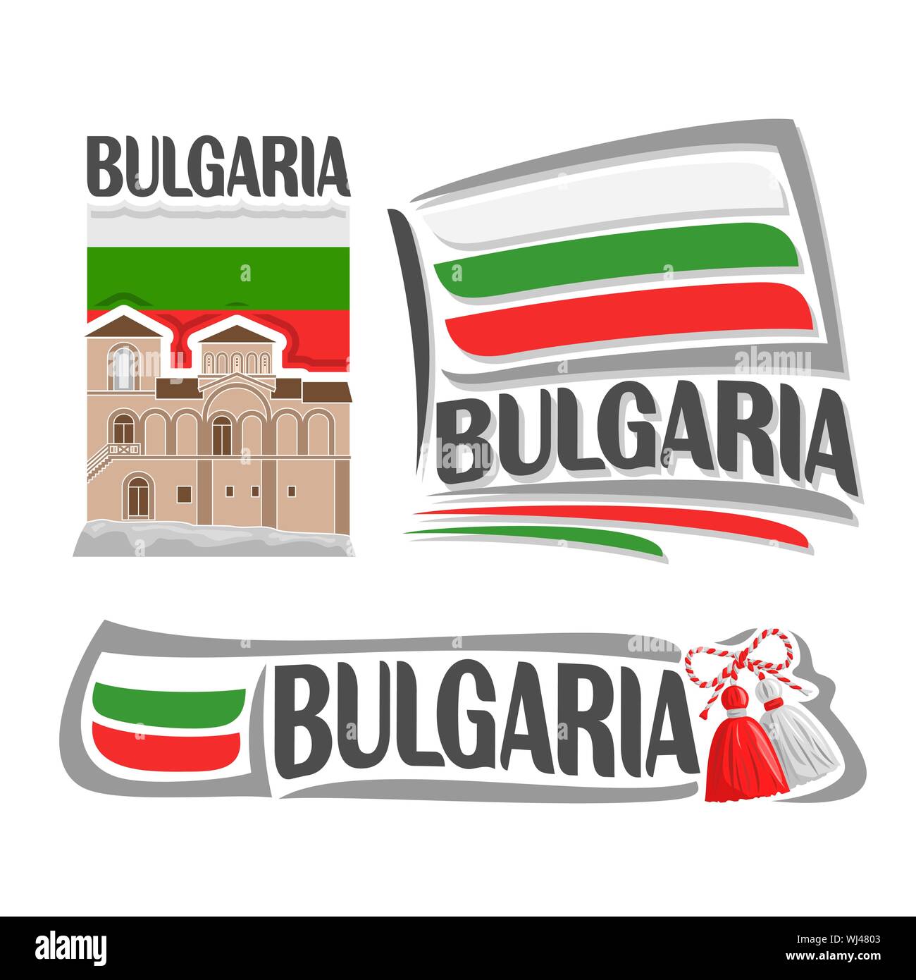 Vector logo for Bulgaria, 3 isolated illustrations: Asenova Fortress on background of national state flag, symbol of Bulgaria architecture and bulgari Stock Vector
