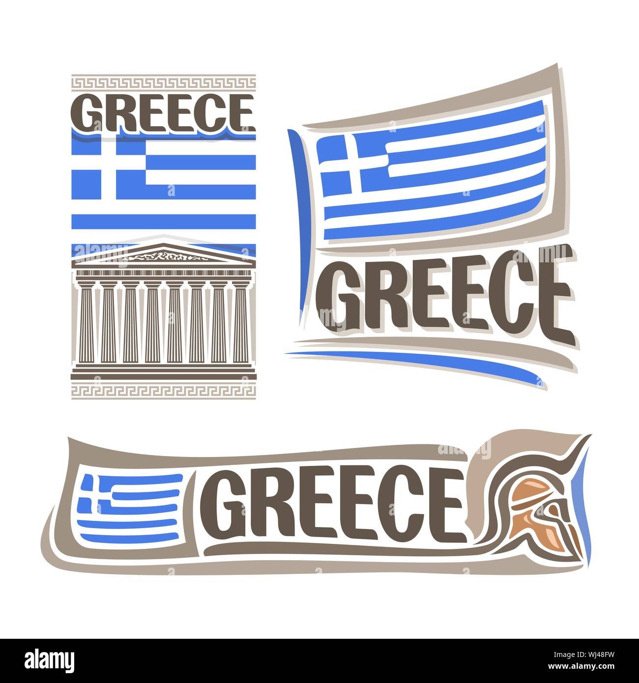 Vector illustration of logo for Greece, consisting of 3 isolated illustrations: greek national state flag on Parthenon, symbol of Greece architecture Stock Vector