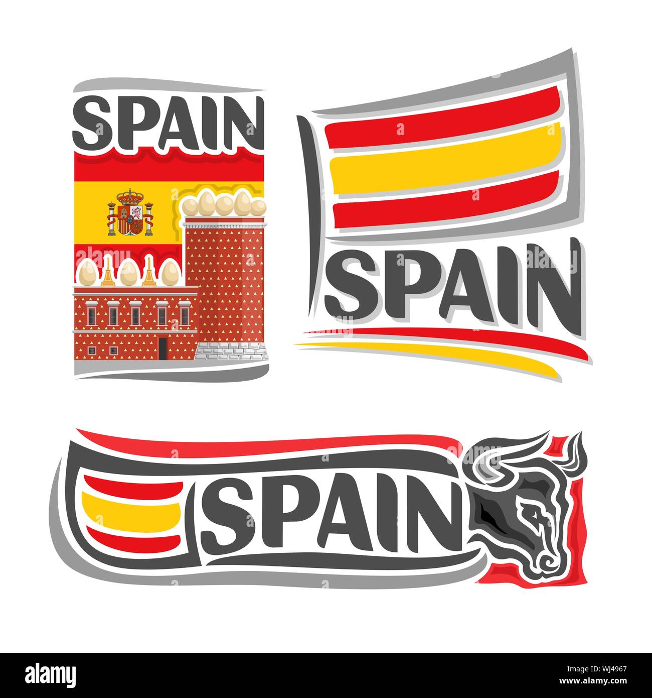 Vector illustration of logo for Spain, 3 isolated illustrations: flag on the background of the Salvador DalÃ Museum, symbol of Spain architecture and Stock Vector