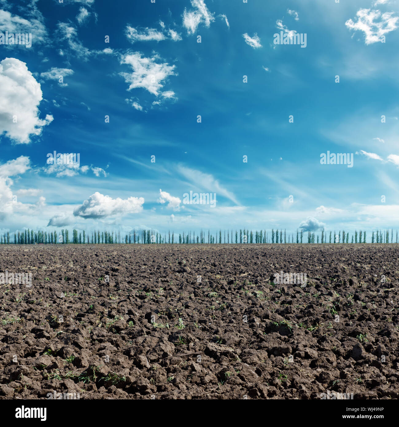 deep blue sky with clouds and black agriculture field Stock Photo - Alamy