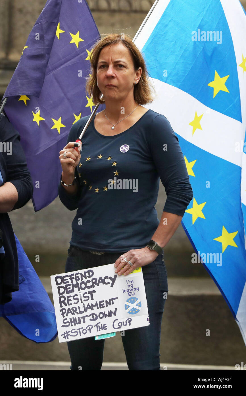 A pro-EU demonstrator, holds a placard outside the Court of Session in Edinburgh, where a full hearing will take place today for those seeking an interdict, through the Scottish legal system, to the royal order to suspend Parliament. Stock Photo