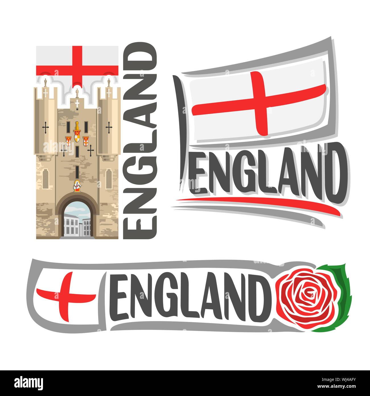 Vector logo for England, 3 isolated illustrations: Monkgate Monk Bar of York City Walls on background national state flag, symbol of England architect Stock Vector