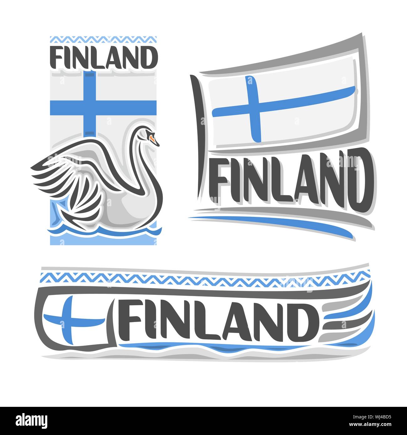 Vector illustration logo for Finland, consisting of 3 isolated illustrations: flag, above white swan on water, symbol of Finland and national state fl Stock Vector