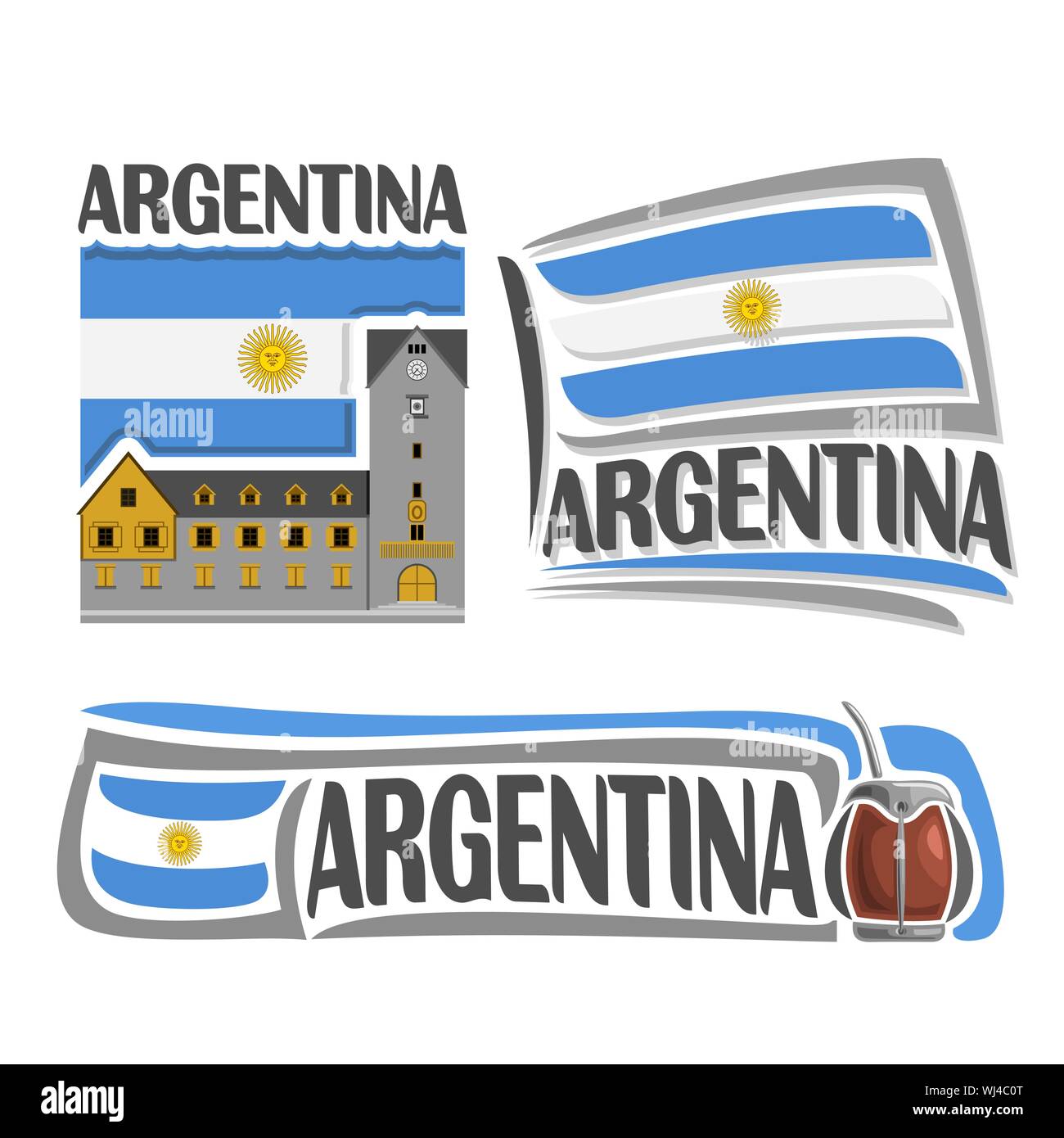 Vector logo for Argentina, 3 isolated illustrations: Bariloche on background of national state flag, symbol Argentina architecture, argentinean flag o Stock Vector