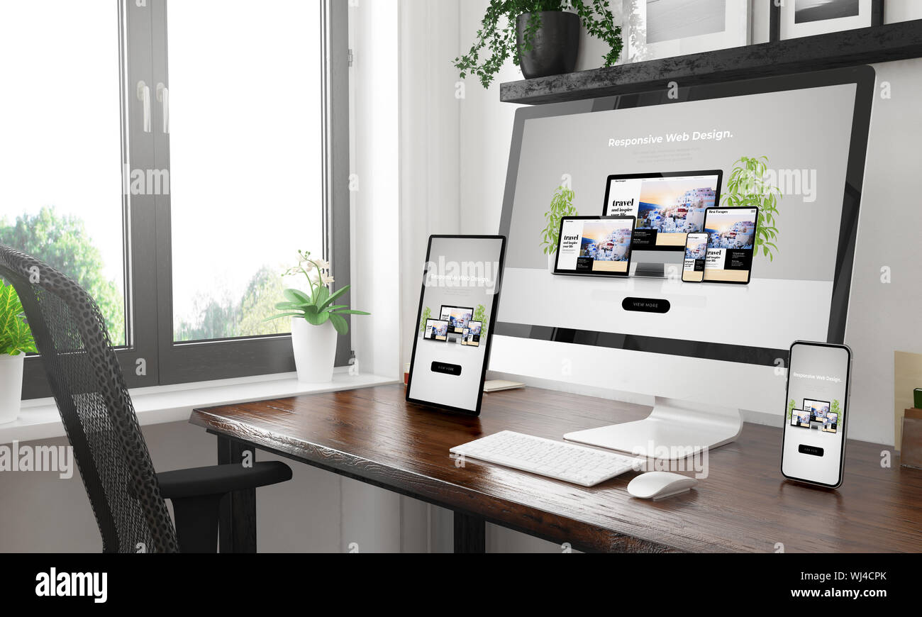 Black And White Desktop With Three Devices Showing Responsive