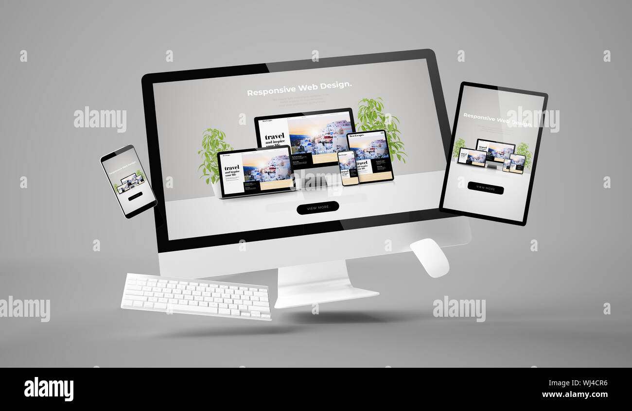 computer, tablet and smartphone showing responsive website 3d rendering ...