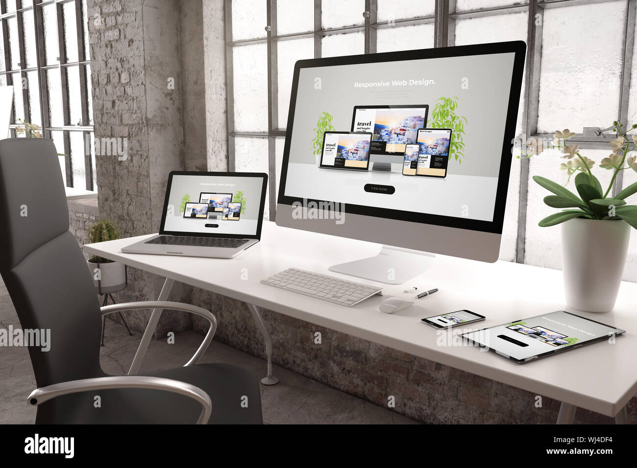 3d Rendering Of Industrial Office With Devices Showing Responsive