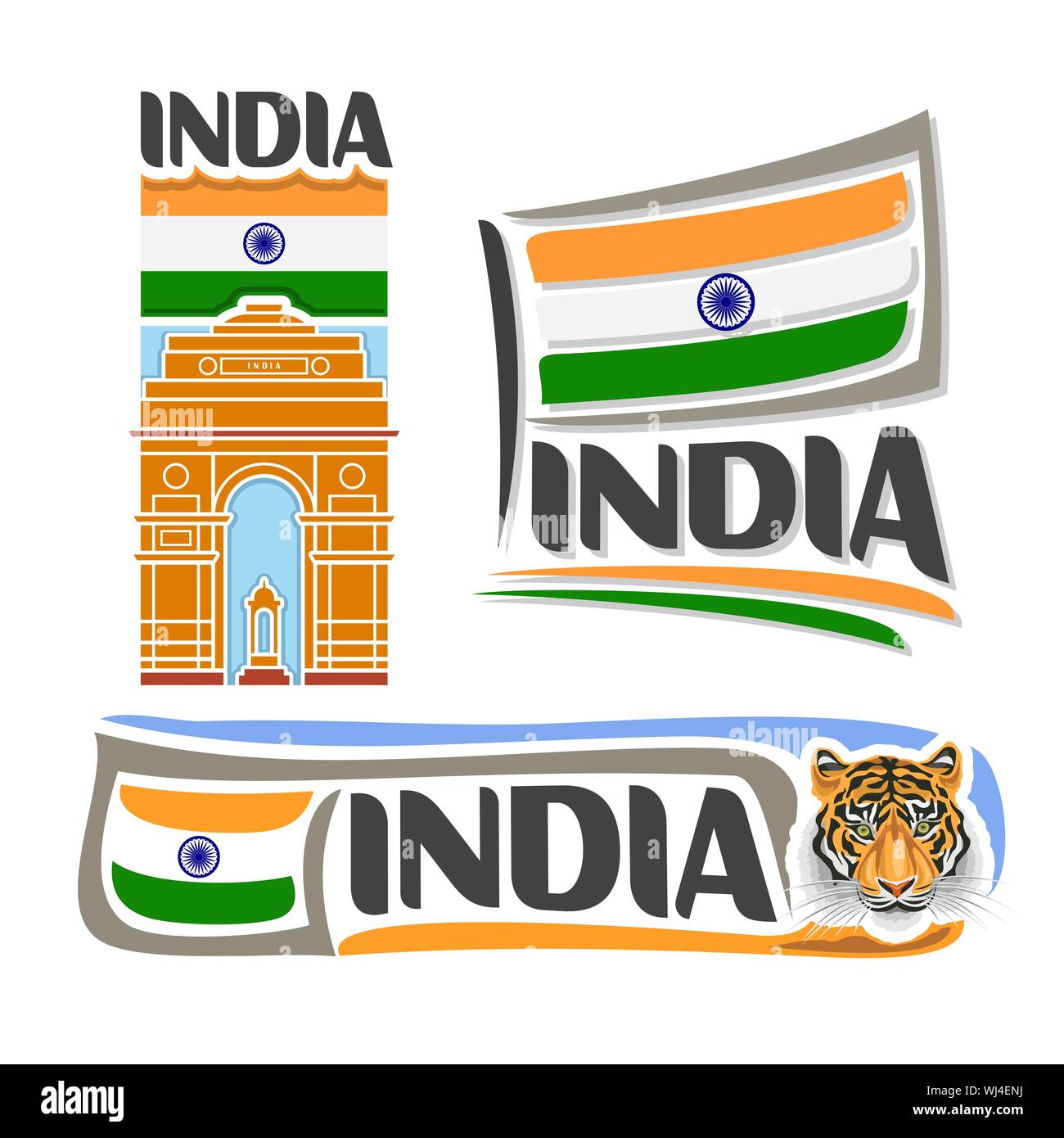 Vector logo for India, 3 isolated images: vertical banner with architecture landmark of india gate in Delhi on indian republic national state flag, an Stock Vector