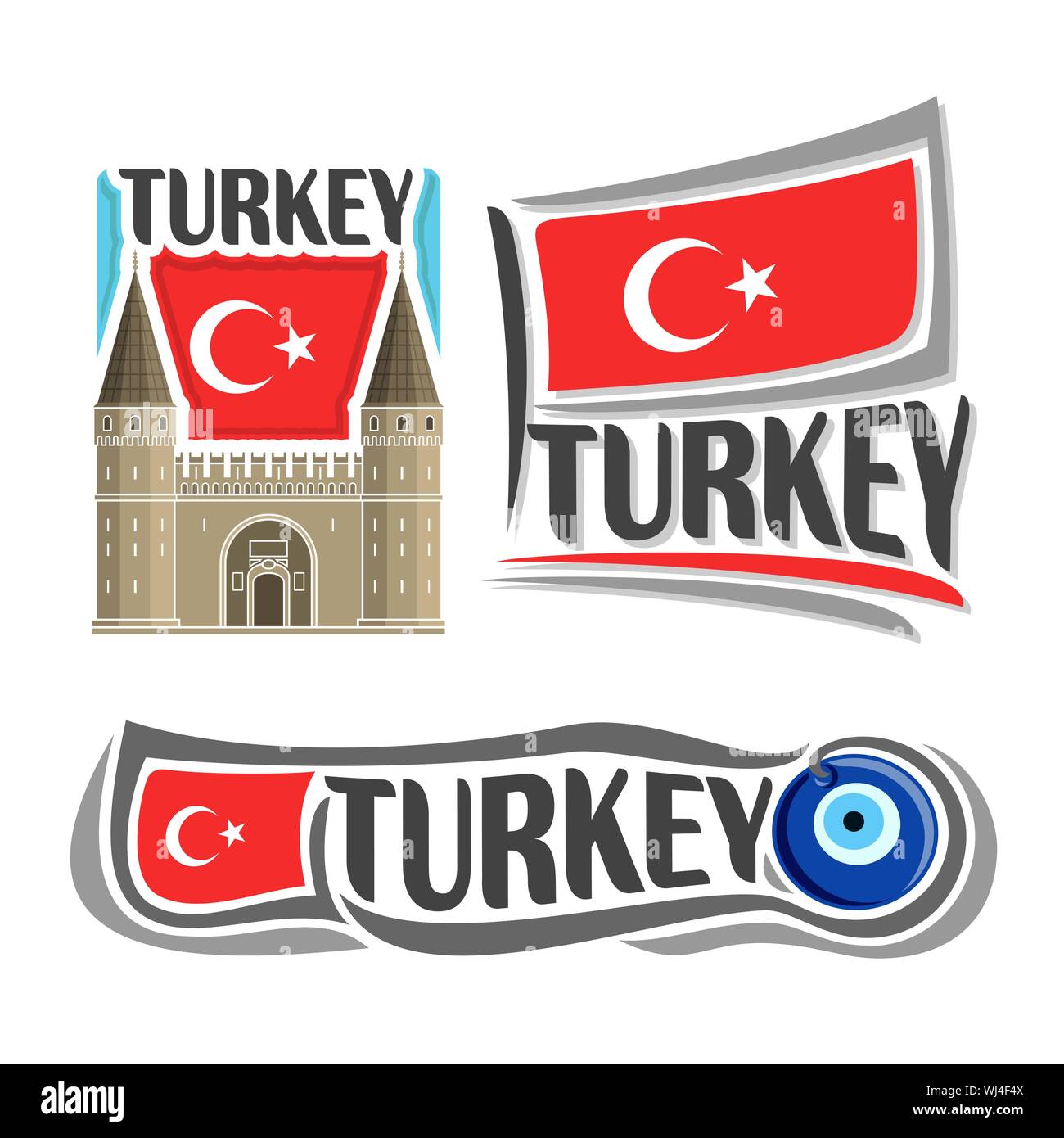 Vector logo for Turkey, consisting of 3 isolated illustrations: Topkapi Palace in Istanbul on background of national state flag, symbol of Turkey and Stock Vector