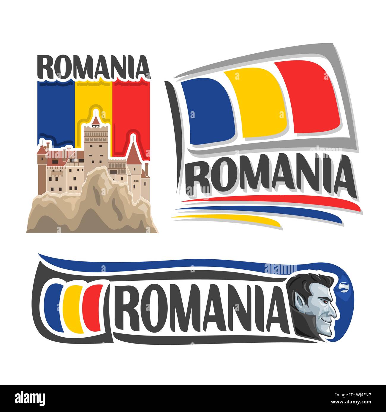 Vector logo for Romania, 3 isolated illustrations: Bran castle in Transylvania on background of national state flag, symbol of Romania architecture an Stock Vector