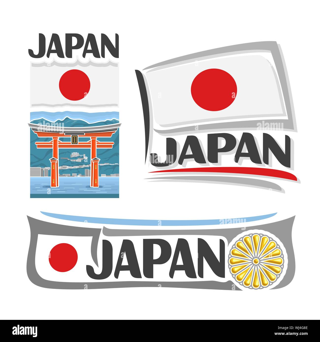 Vector logo for Japan, 3 isolated images: banner with torii gate in Miyajima on national state nipponese flag and chrysanthemum emblem - imperial seal Stock Vector
