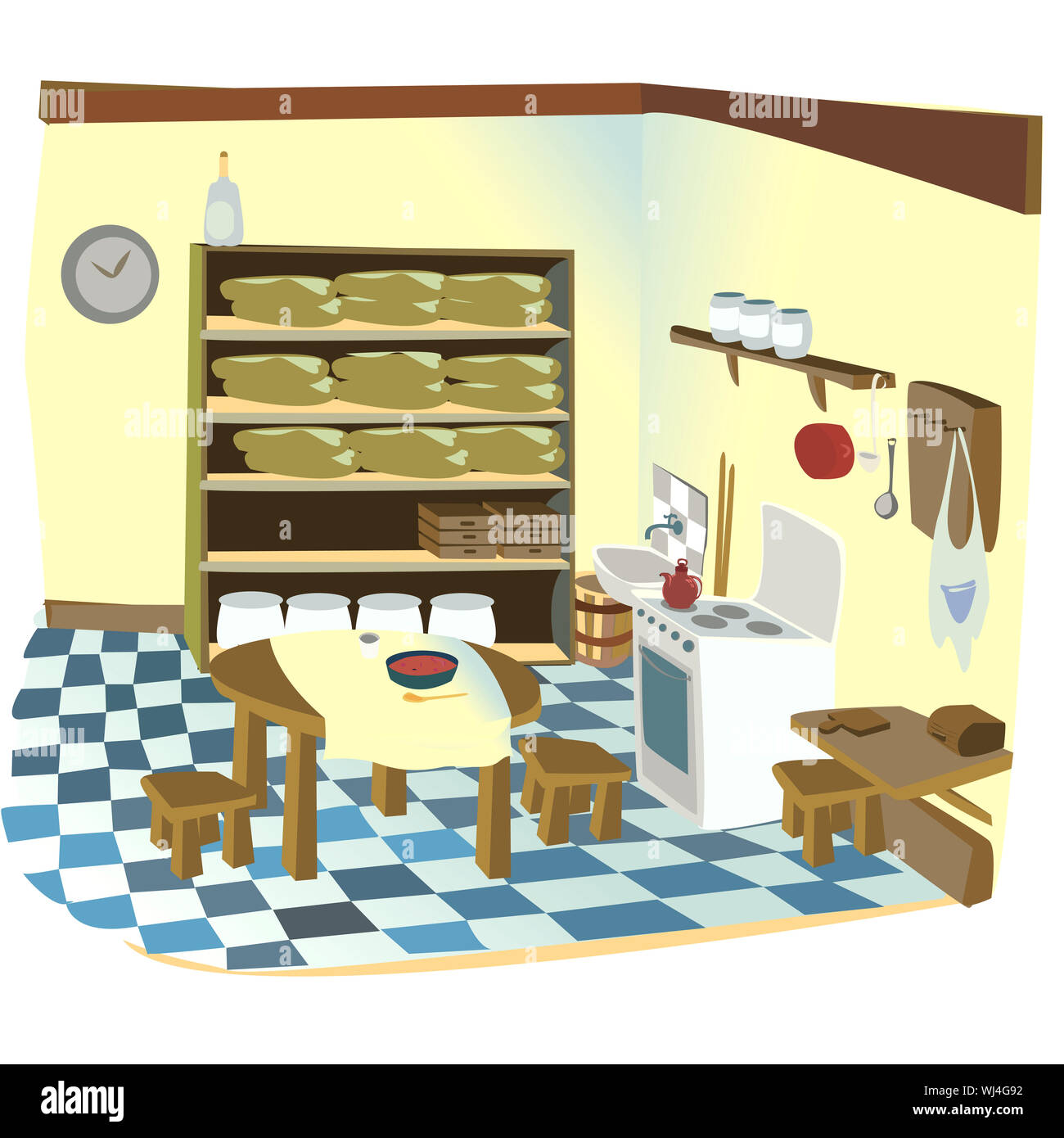 Cartoon illustration of a old rustic kitchen Stock Photo - Alamy