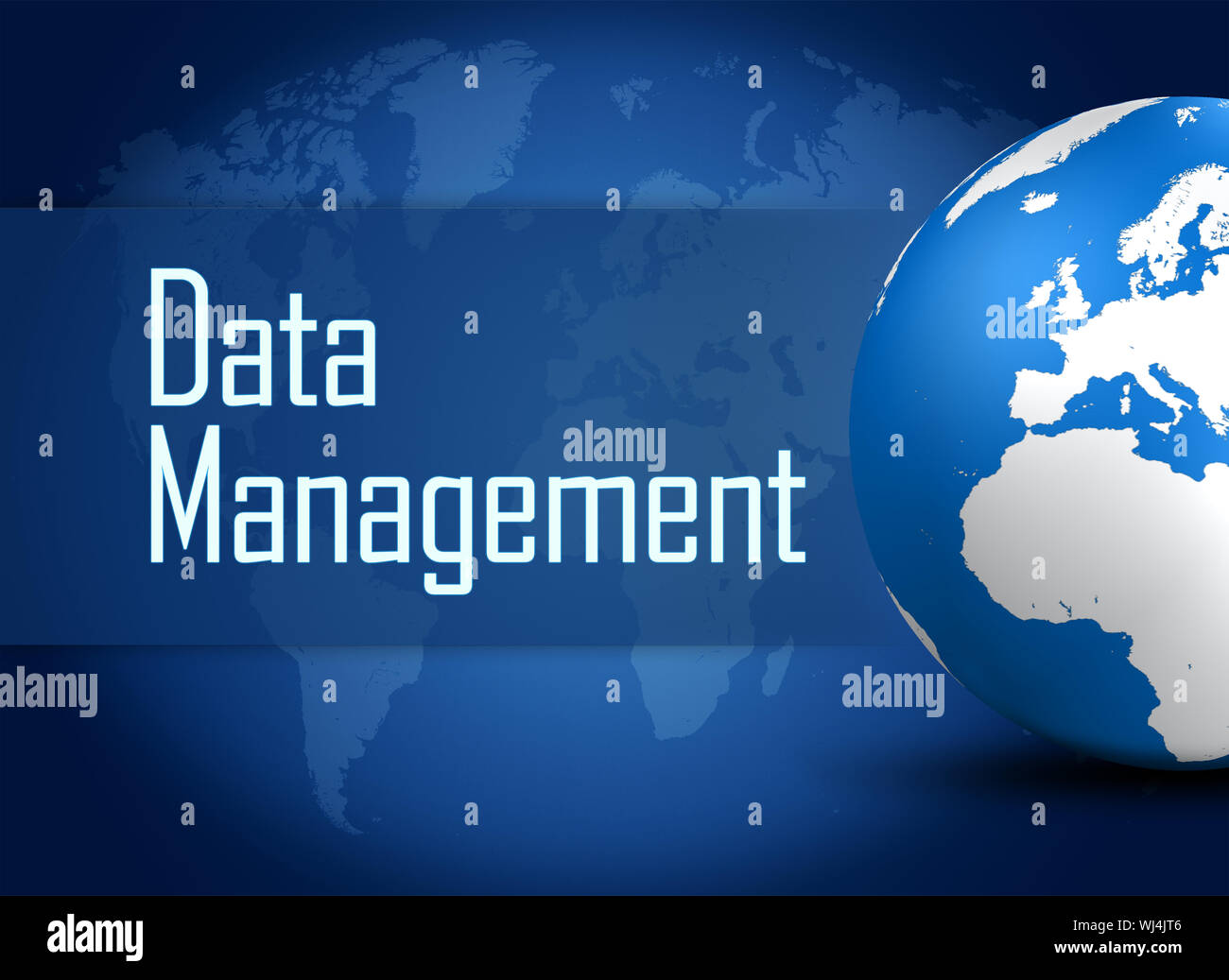 Data Management concept with globe on blue background Stock Photo