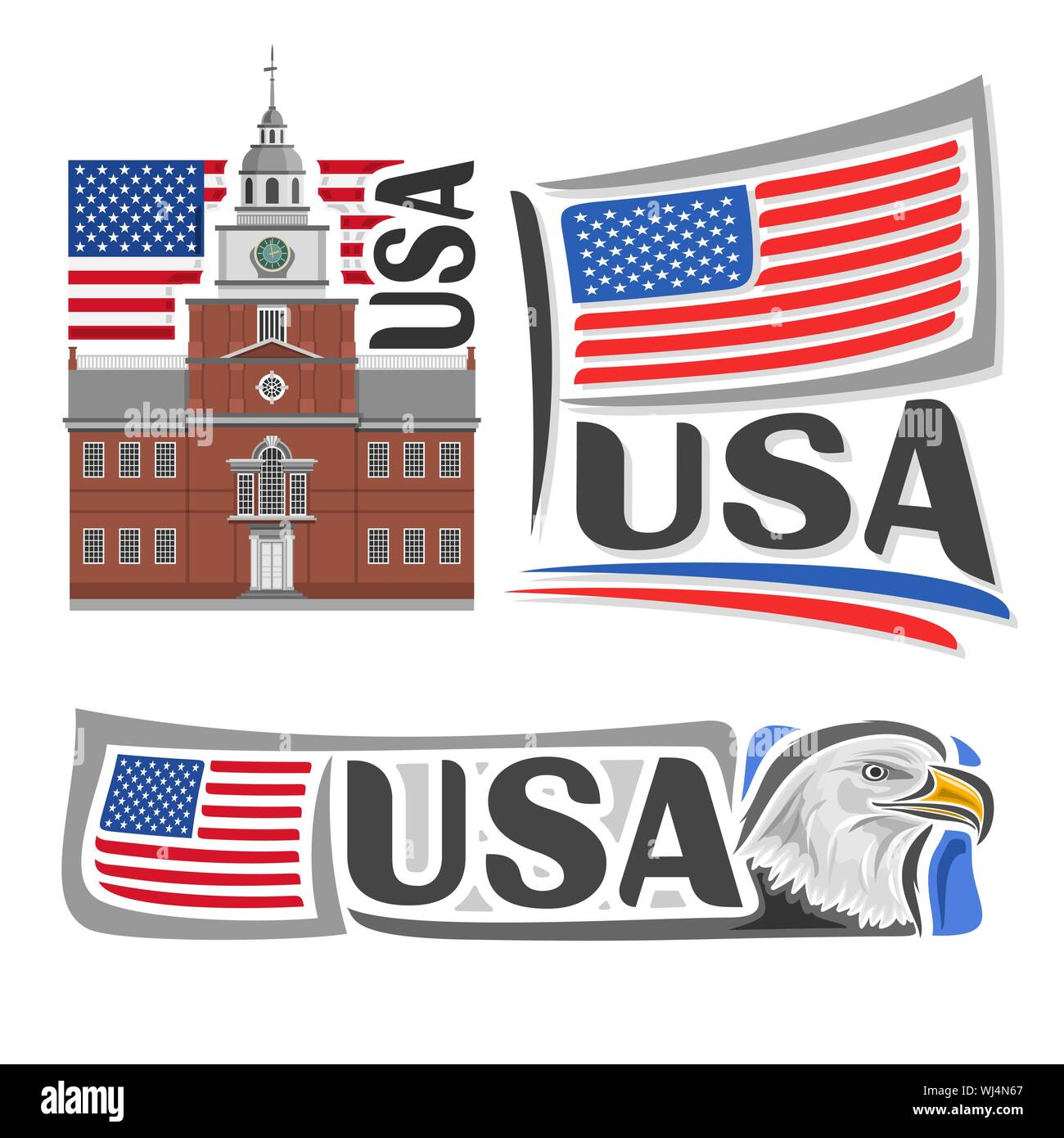 Vector logo for USA,3 isolated illustrations: Independence Hall in Philadelphia on background of american national state flag, symbol of USA architect Stock Vector