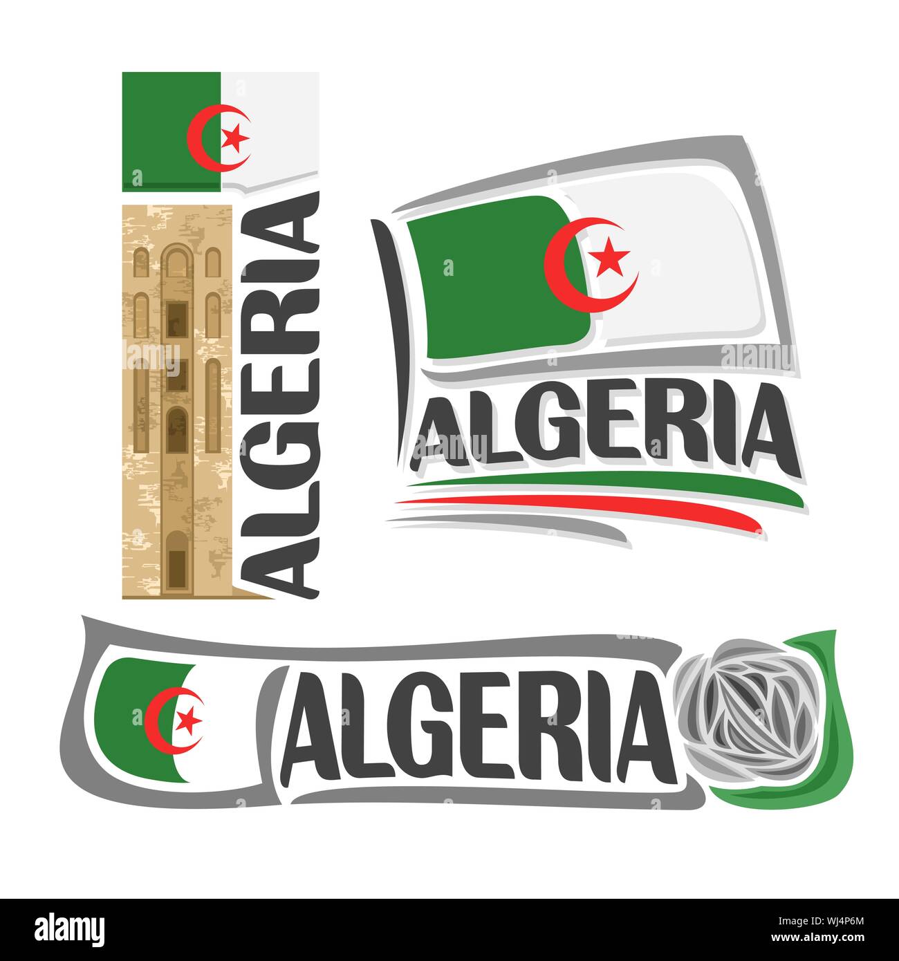 Vector logo for Algeria, 3 isolated images: stone tower in Beni Hammad Fort on background of national state flag and grey stone rose. Stock Vector