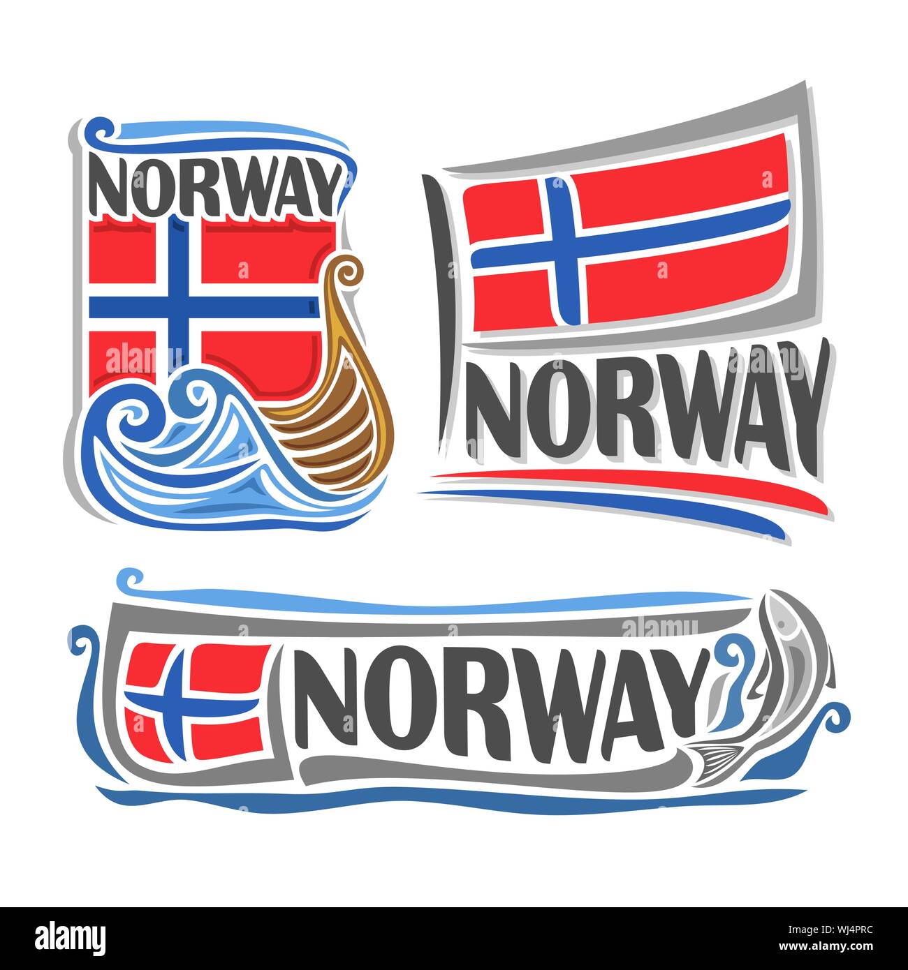 Vector illustration of logo for Norway, 3 isolated illustrations: norwegian national state flag over the boat on the waves, horizontal symbol of Norwa Stock Vector