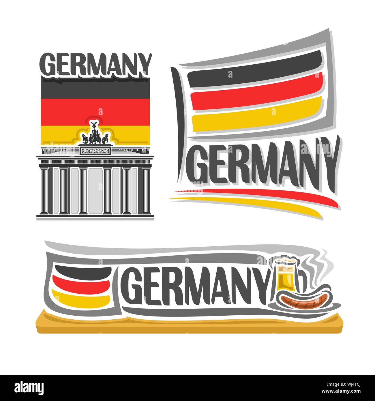 Vector illustration of logo for Germany, 3 isolated illustrations: flag over Brandenburg gate, symbol of Germany architecture and national state flag Stock Vector