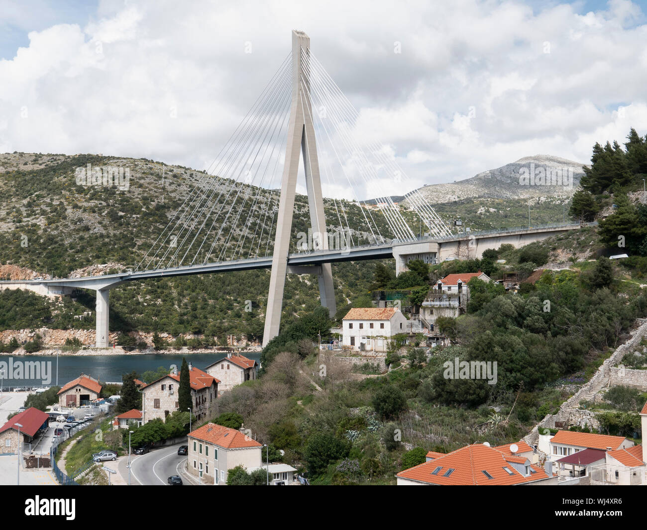 Franjo Tudjman bridge and village houses, Dubrovnik, Croatia Stock Photo
