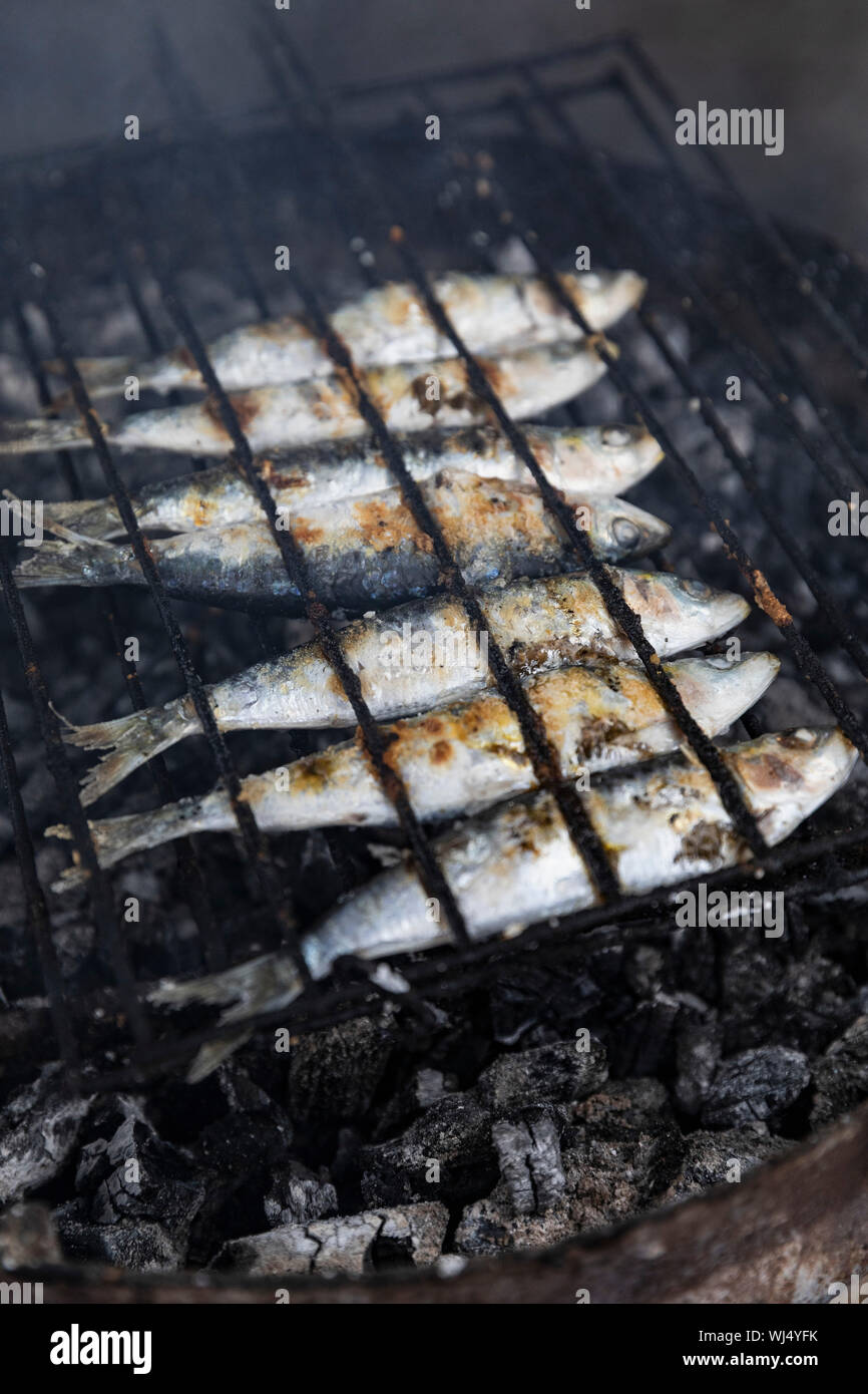 Whole sardines cooking on barbecue grill Stock Photo Alamy
